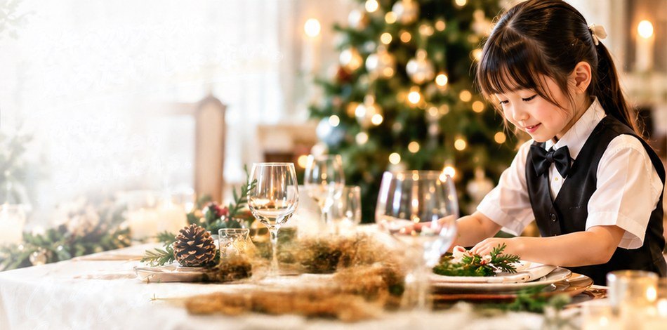 クリスマスツリーの前で、ベスト姿の女の子がお料理をサーブしている様子